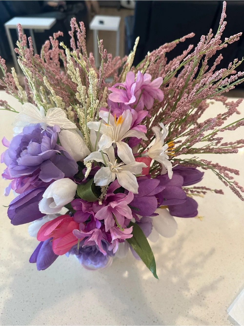 Purple & Pink Artificial Floral Arrangement in White Vase